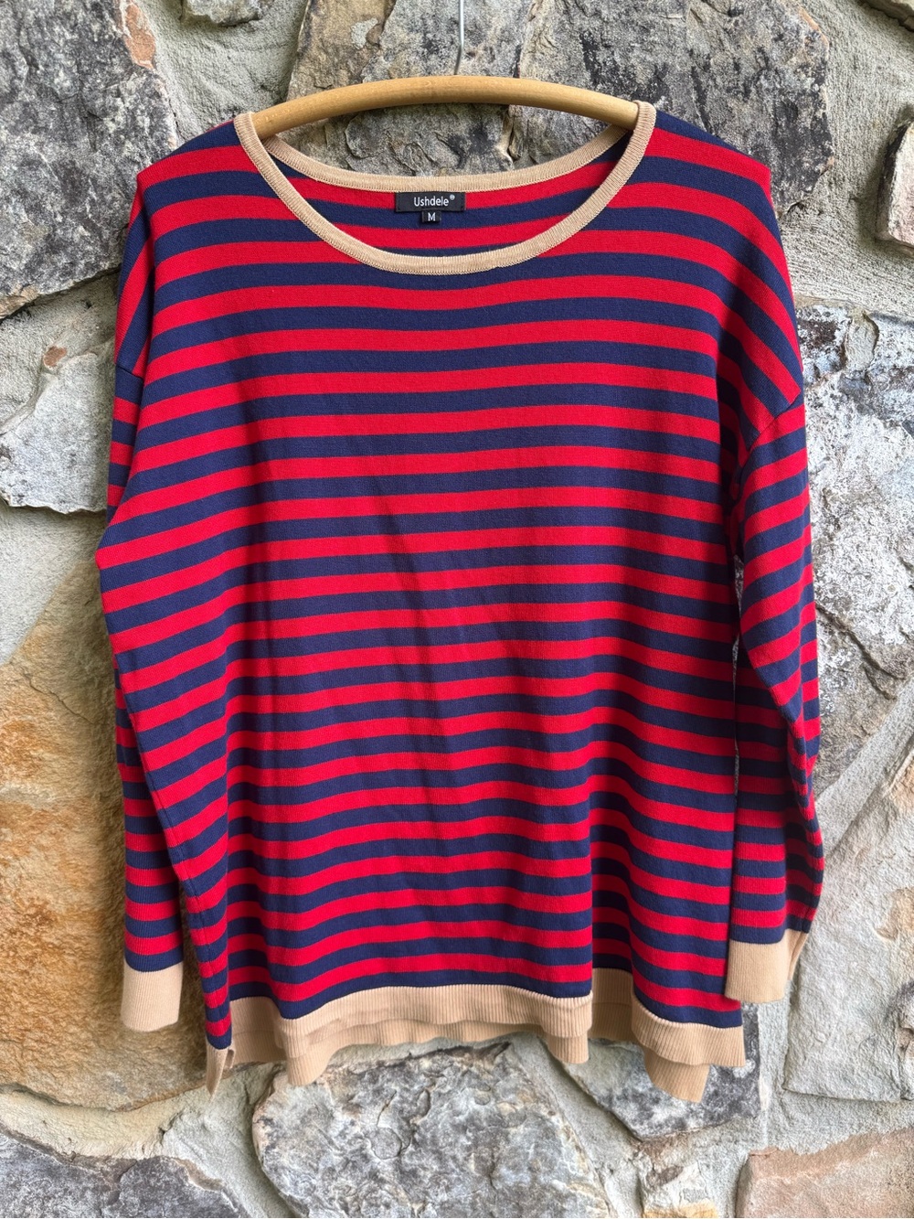 Equestrian Striped Navy & Red Long Sleeve Sweater w/ Camel Trim NWOT  SzM Preppy